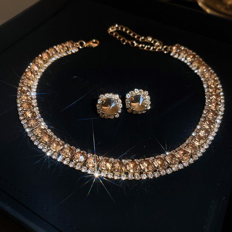 復古輕奢祖母綠鑲鑽方形項鍊2件套時尚小衆鎖骨鏈時尚高級感項飾