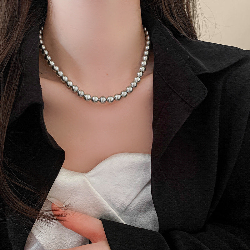 法式復古灰色珍珠項鍊小衆簡約設計感鎖骨鏈氣質輕奢高級感項飾女