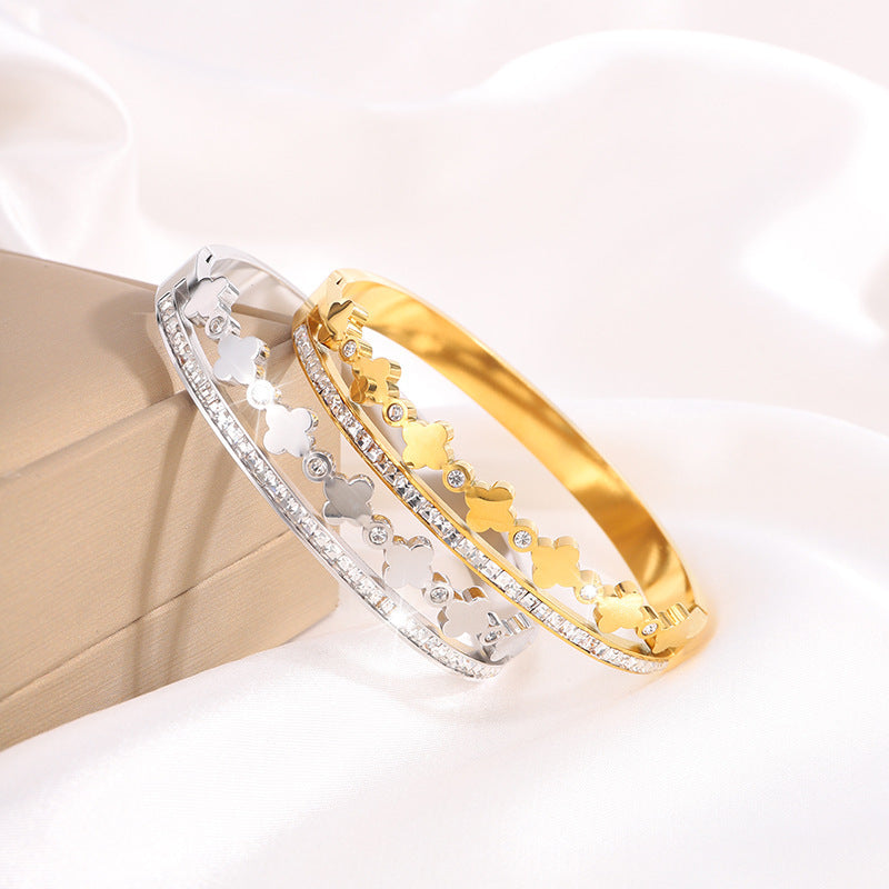 跨境爆款電鍍18K鈦鋼手鐲時尚鑲鑽四葉草輕奢高級不掉色手環