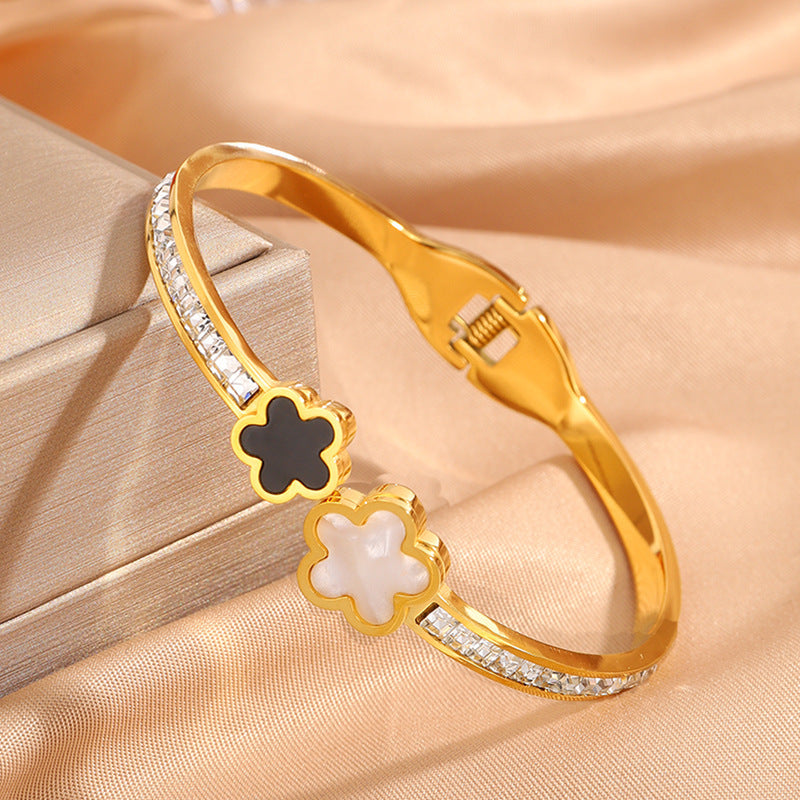 韓版黑白五瓣花排鑽鈦鋼手鐲女簡約開口設計不褪色百搭手鐲飾品