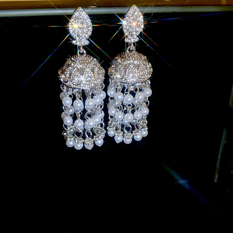 銀針跨境冷淡風銀色鑲鑽鋯石花朵珍珠耳環長款流蘇耳釘高級感耳飾