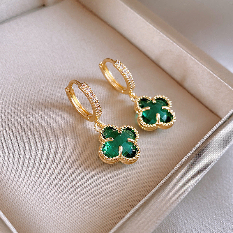 歐美跨境綠色鋯石花朵幾何耳釘氣質百搭耳環輕奢高級感耳飾設計感