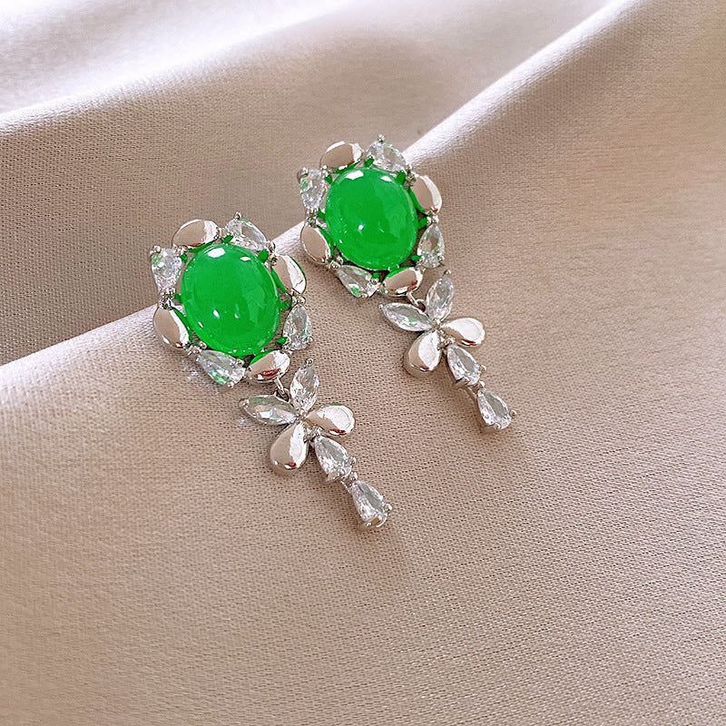 歐美跨境綠色鋯石花朵幾何耳釘氣質百搭耳環輕奢高級感耳飾設計感