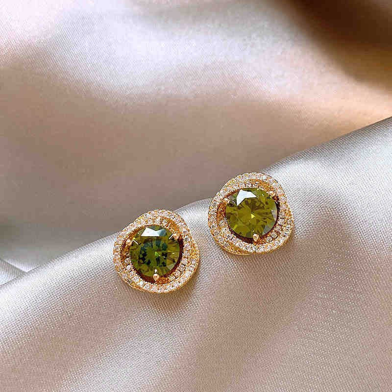 歐美跨境綠色鋯石花朵幾何耳釘氣質百搭耳環輕奢高級感耳飾設計感