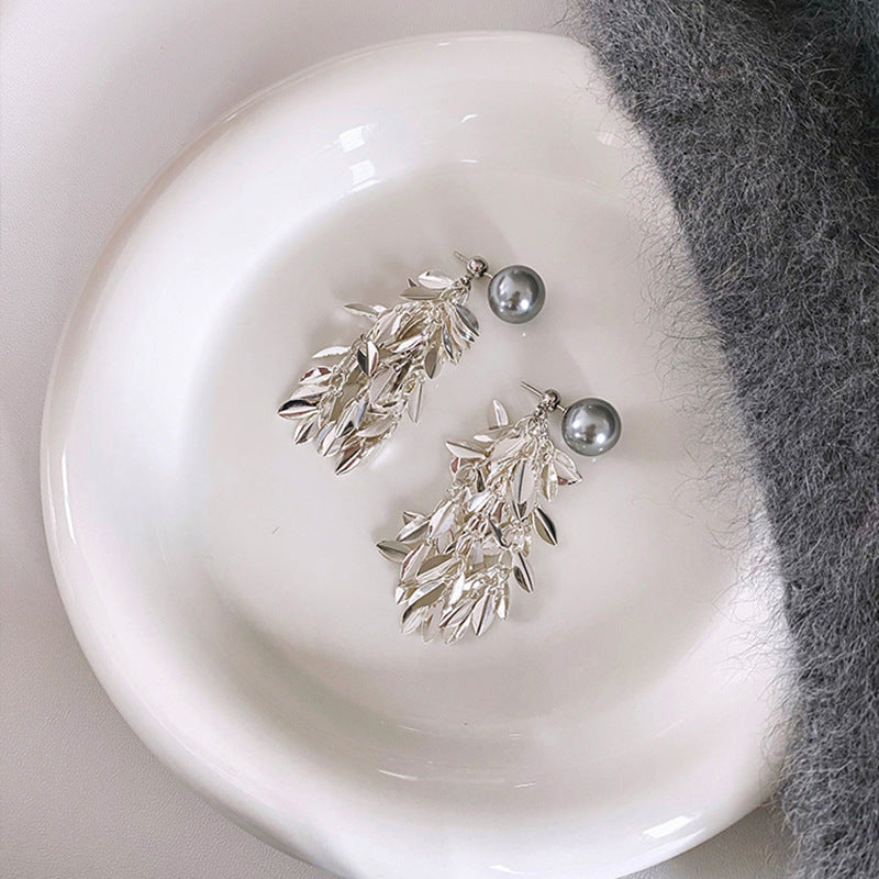 銀針跨境冷淡風銀色鑲鑽鋯石花朵珍珠耳環長款流蘇耳釘高級感耳飾