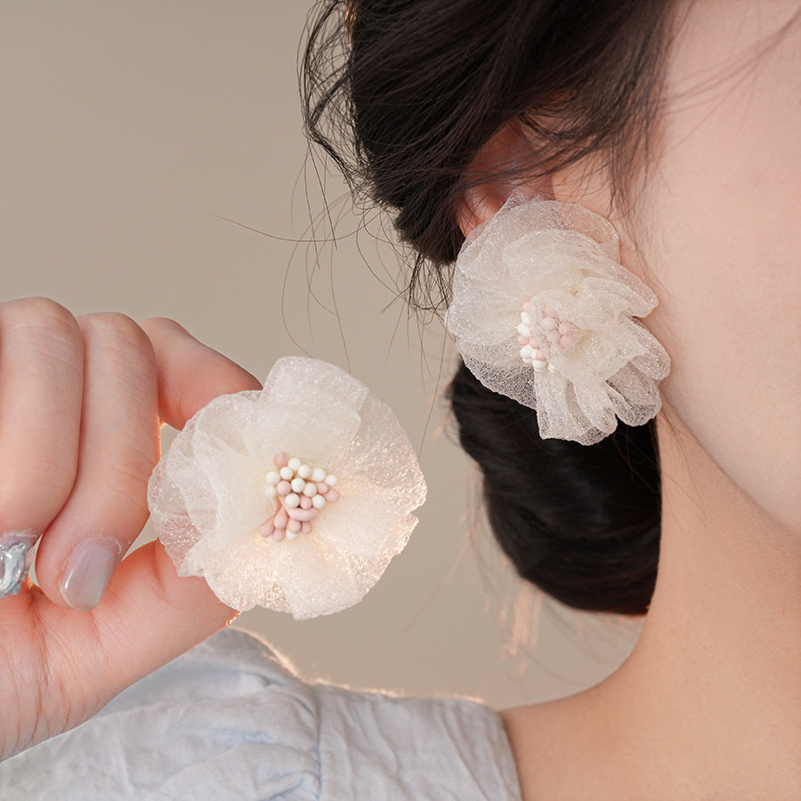 銀針波西米亞粉色網紗花朵耳環時尚甜美百搭學生耳飾小清新度假風耳飾