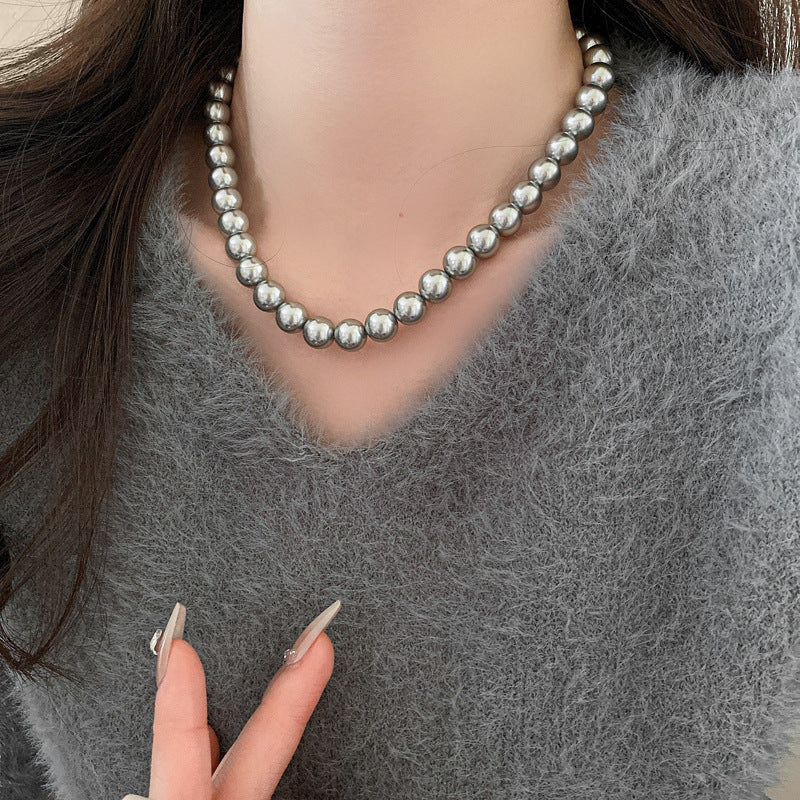 法式復古灰色珍珠項鍊小衆簡約設計感鎖骨鏈氣質輕奢高級感項飾女