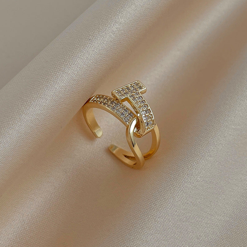 韓國氣質鑲鑽幾何鋯石開口戒指時尚設計感指環食指戒網紅百搭手飾