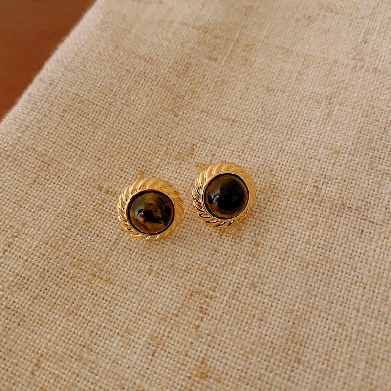 銀針小衆復古C形人造虎眼石耳環氣質設計感耳釘輕奢高級感耳飾女