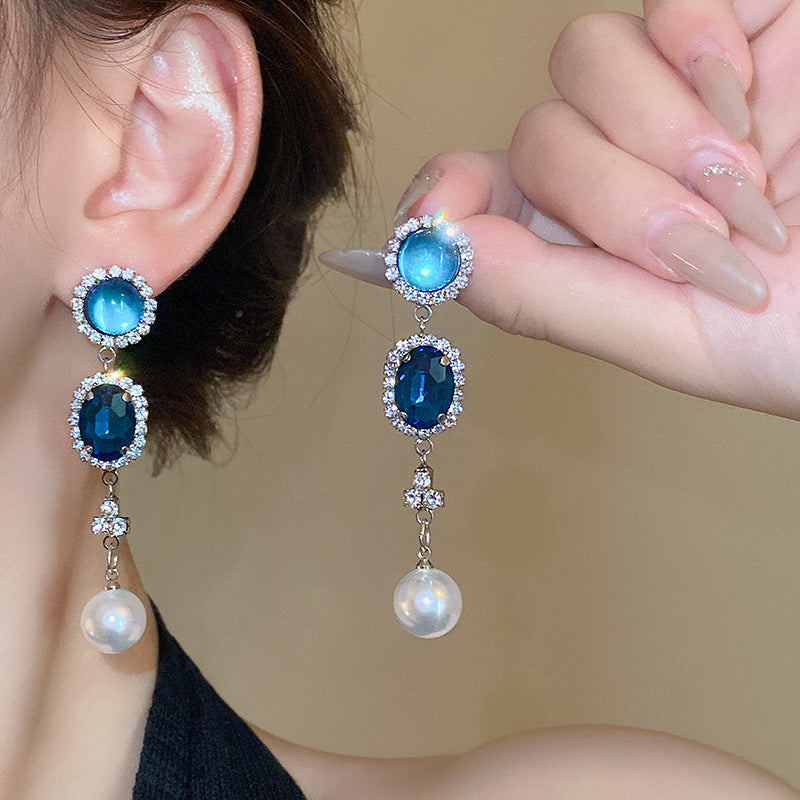 復古藍色鑲鑽珍珠流蘇項鍊法式復古宮廷風鎖骨鏈輕奢高級感項飾女