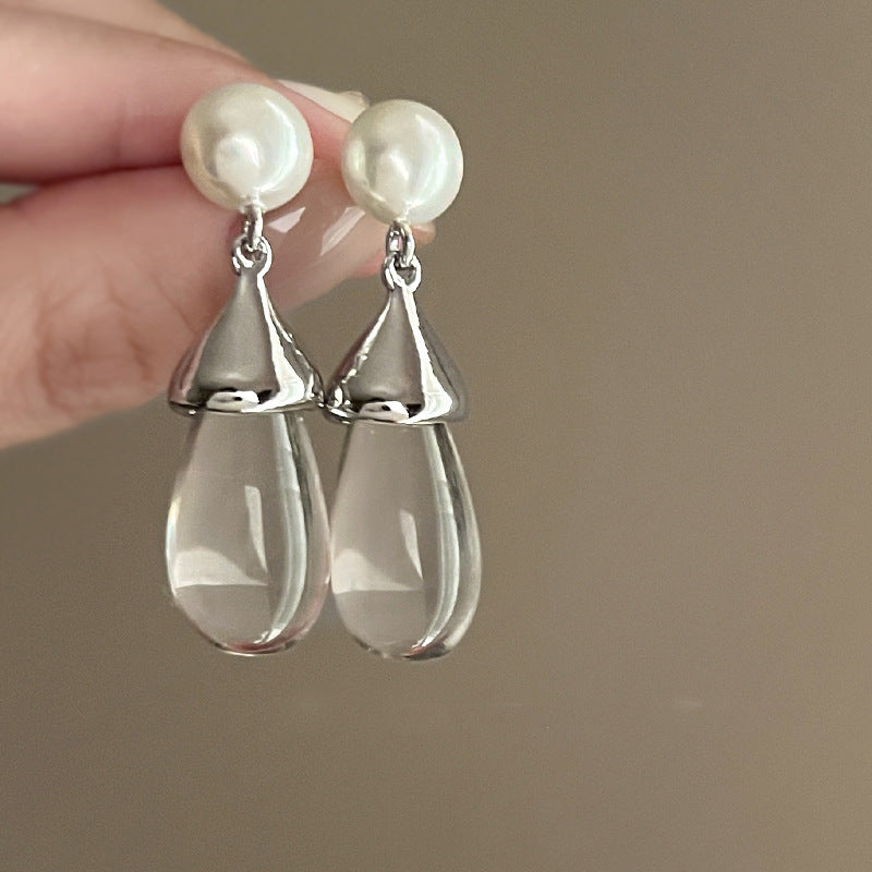 銀針冷淡風透明樹脂水滴花朵珍珠耳環時尚耳釘跨境歐美高級感耳飾