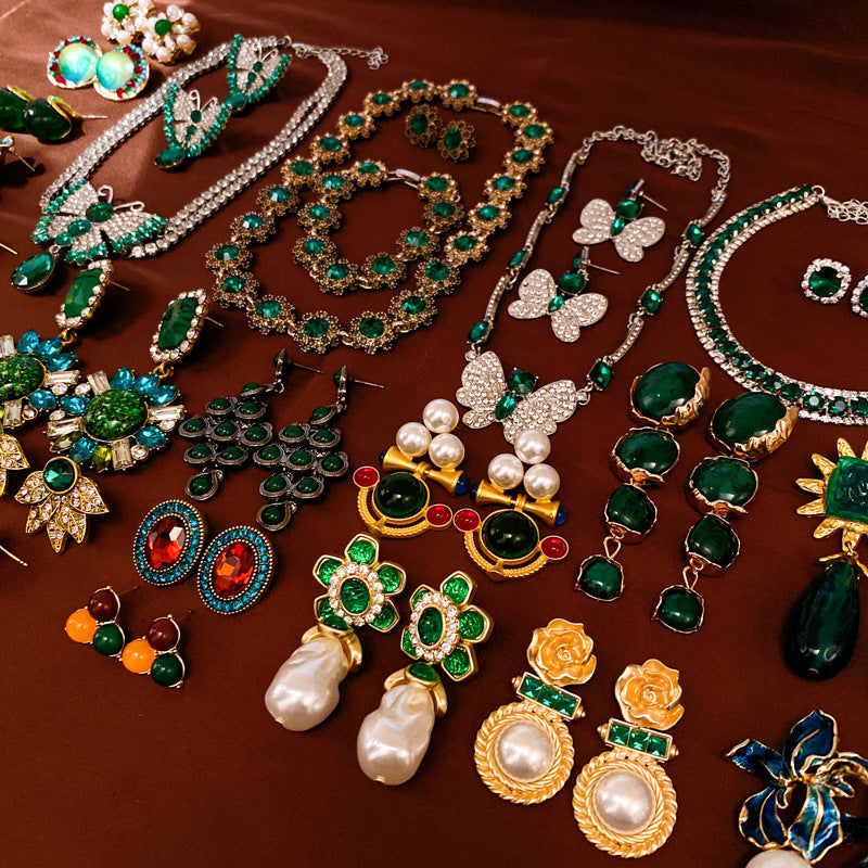 銀針中古vintage綠色鑲鑽蝴蝶珍珠耳環氣質耳墜復古高級感耳飾女