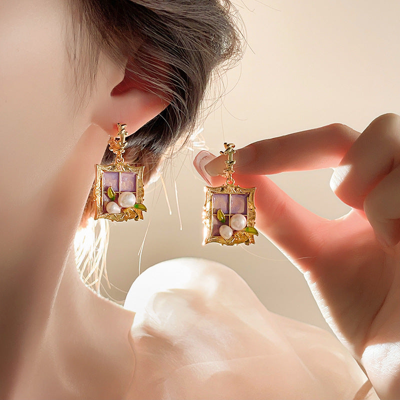 莫奈花園油畫風愛心花朵珍珠耳環時尚氣質耳釘法式甜美小清新耳飾