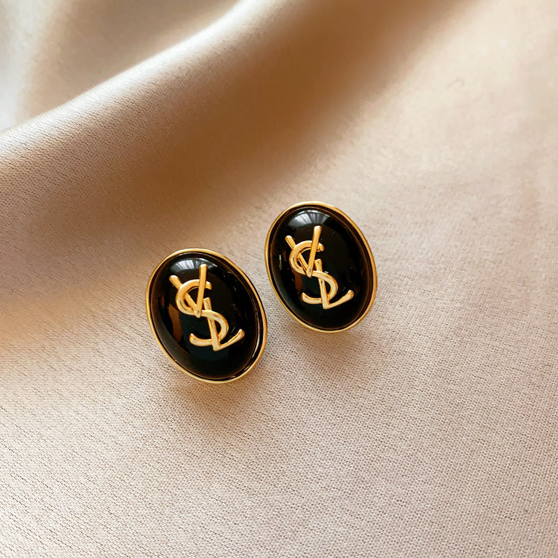 銀針法式黑色鑲鑽字母珍珠包包流蘇耳環小衆氣質耳釘高級感耳飾女