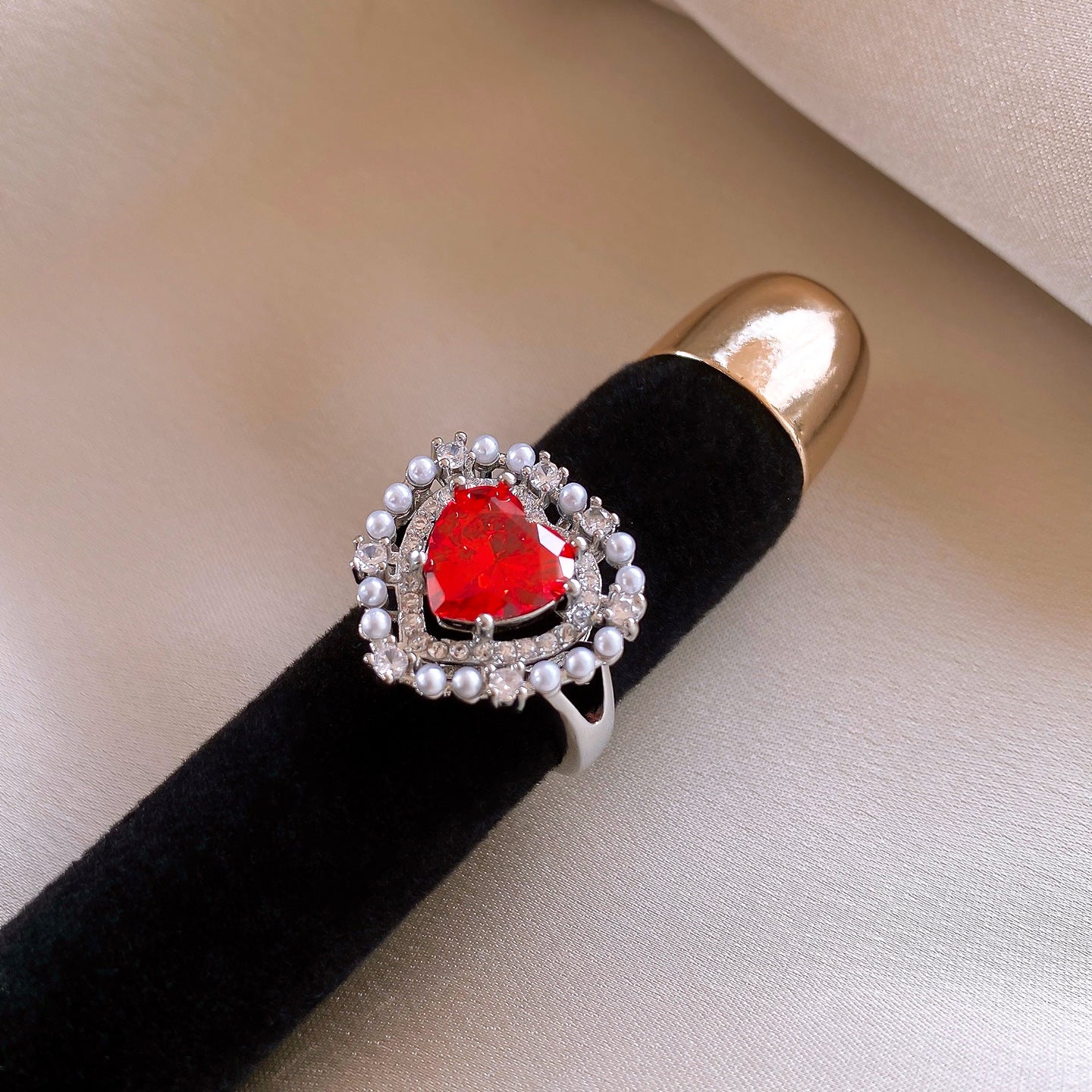 韓國氣質鋯石愛心珍珠戒指輕奢高級感食指戒女精緻手飾設計感小衆