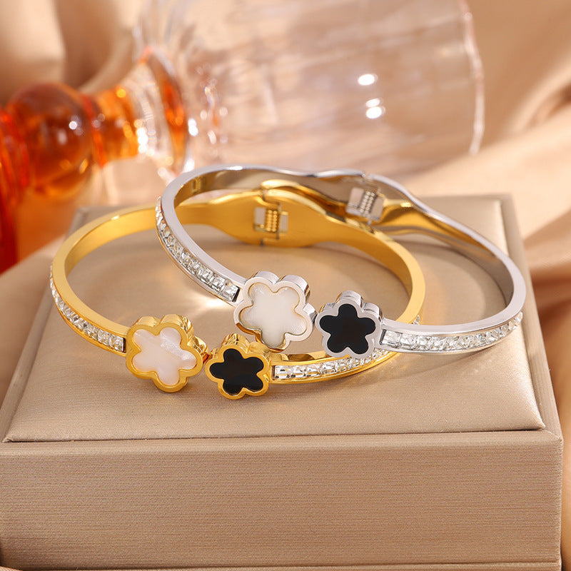 韓版黑白五瓣花排鑽鈦鋼手鐲女簡約開口設計不褪色百搭手鐲飾品