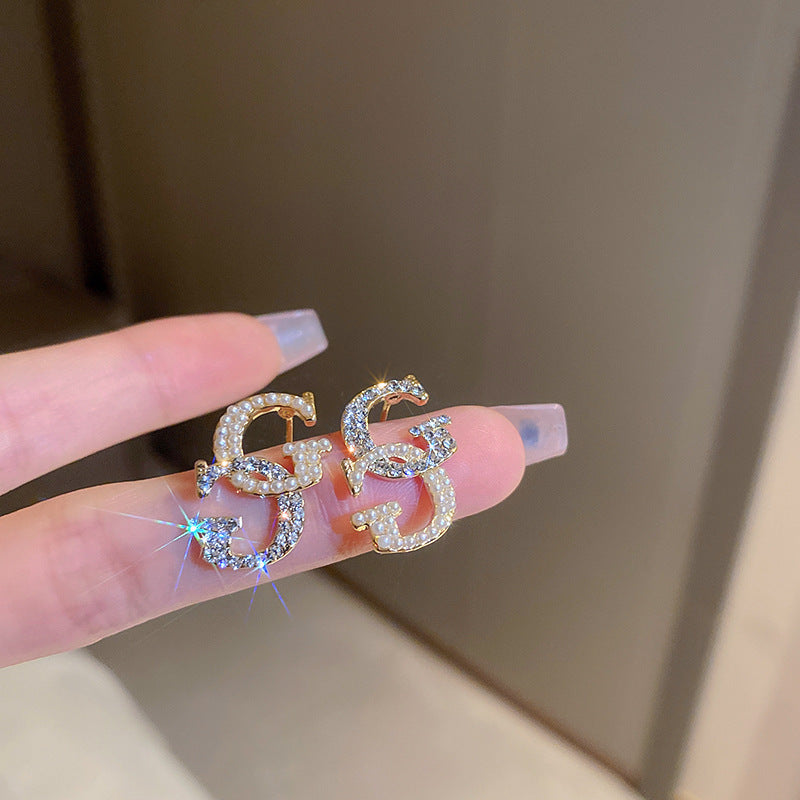 銀針法式黑色鑲鑽字母珍珠包包流蘇耳環小衆氣質耳釘高級感耳飾女