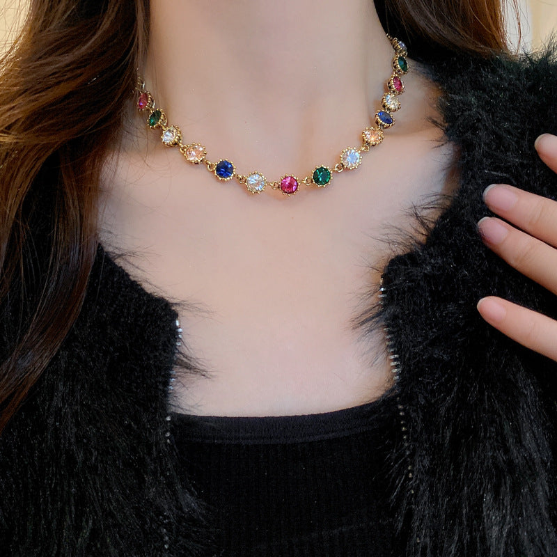 歐美誇張設計彩色鑲鑽項鍊宮廷風個性氣質鎖骨鏈老虎頭復古項飾女