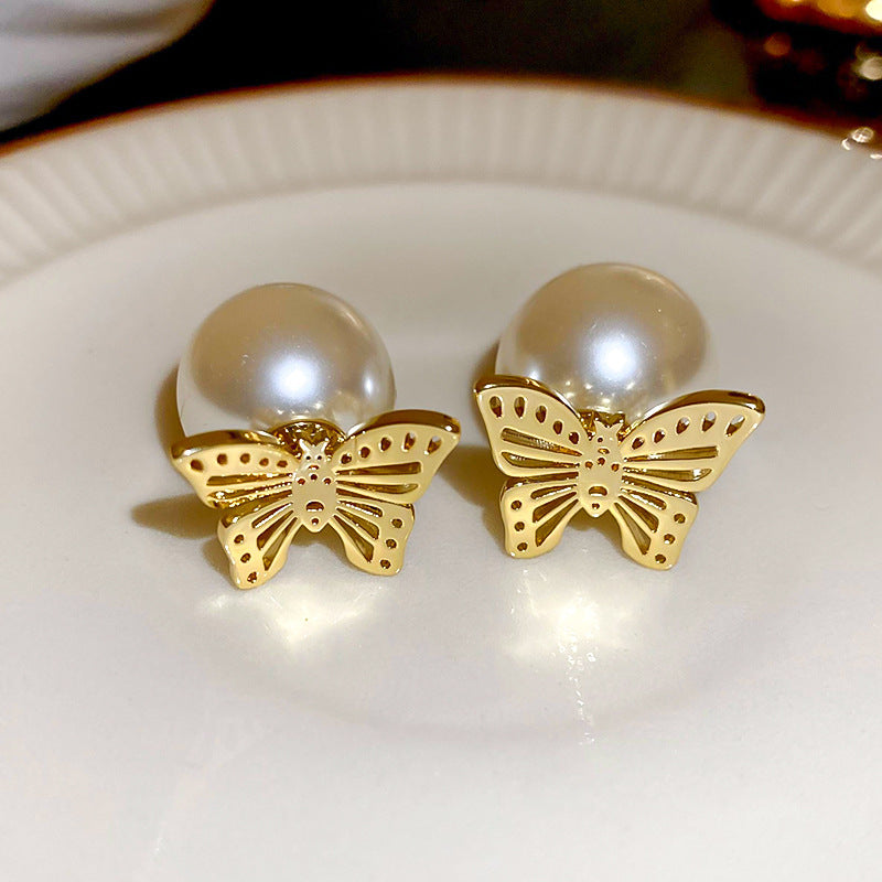 銀針輕奢鋯石花朵蝴蝶珍珠款耳釘氣質耳環高級感秋冬法式復古耳飾