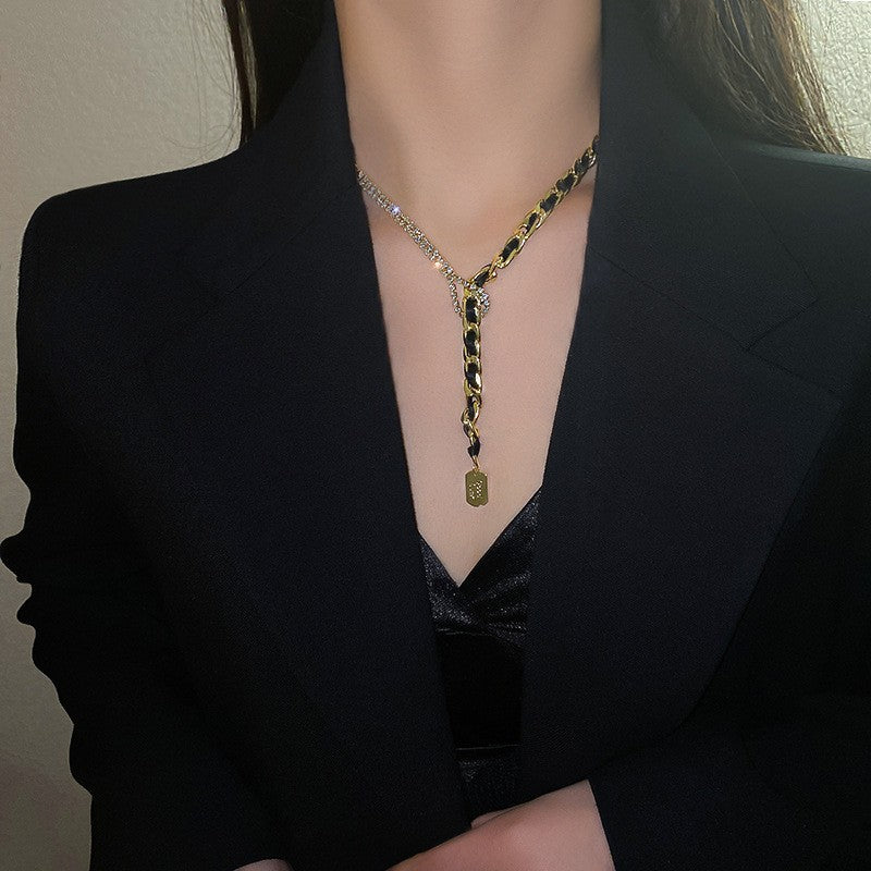 韓國東大門珍珠閃鑽幾何項鍊新款頸鍊簡約百搭冷淡風鎖骨鏈頸飾女