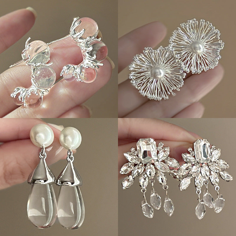 銀針冷淡風透明樹脂水滴花朵珍珠耳環時尚耳釘跨境歐美高級感耳飾