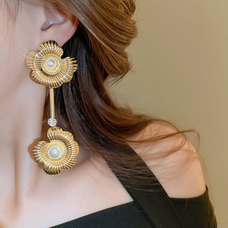 銀針超仙珍珠花朵流蘇耳環氣質時尚耳釘跨境歐美誇張高級感耳飾女