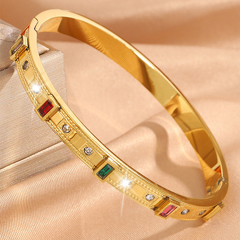 鈦鋼手鐲情侶款華格夫方形彩鑽鑲嵌歐美熱賣精緻百搭氣質手鐲飾品