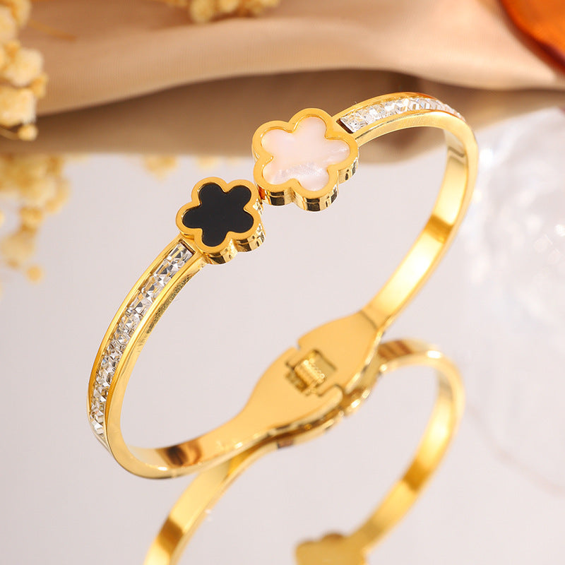 韓版黑白五瓣花排鑽鈦鋼手鐲女簡約開口設計不褪色百搭手鐲飾品